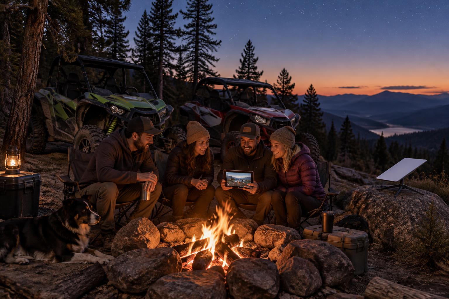 Friends around a campfire on a mountain trail with two off-road UTVs, a Starlink Mini set up beside them and one friend sharing a video on an iPad